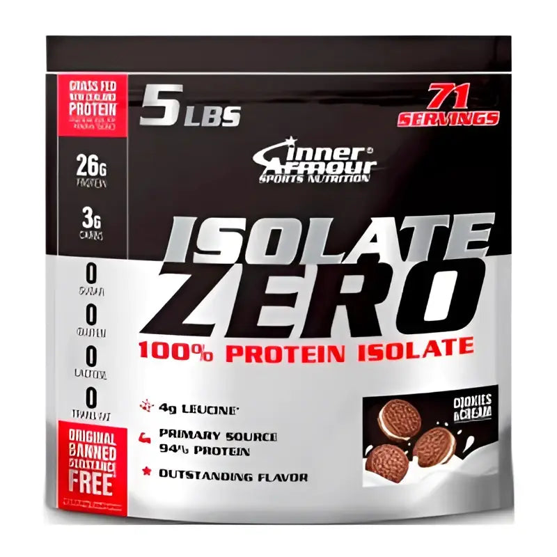 Inner armour isolate zero proteína aislada en polvo sabor cookies n cream en bolsa negra y plateada con detalles rojos